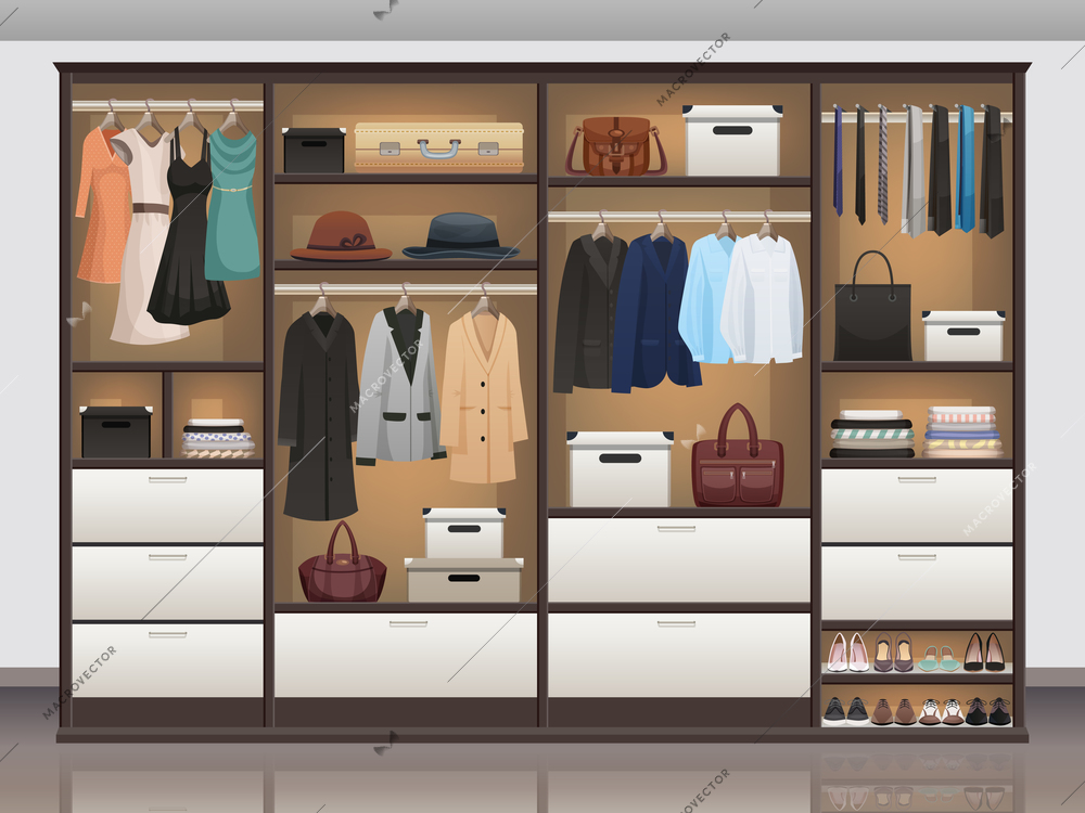 Bedroom wardrobe closet storage with interior organizers shoe racks and hanging rails for clothes realistic vector illustration