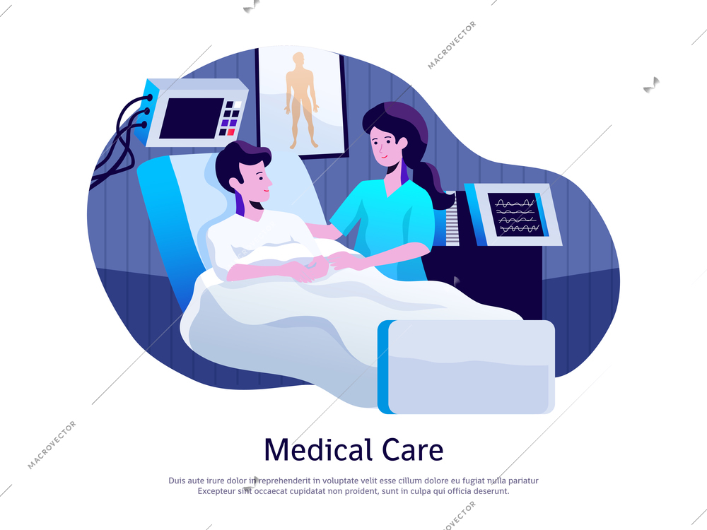 Medical care poster with doctor attending patient in intensive care unit with life support equipment vector illustration