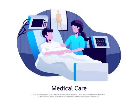 Medical care poster with doctor attending patient in intensive care unit with life support equipment vector illustration