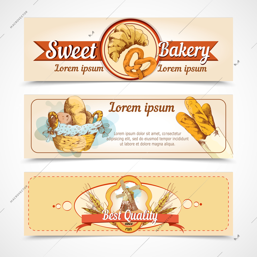 Sweet bakery  best quality bread and pastry food hand drawn banners vector illustration