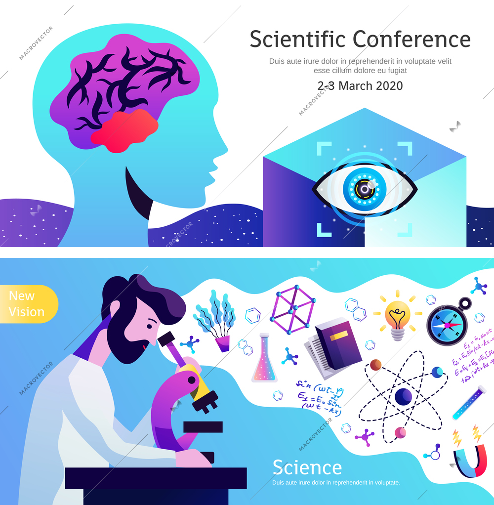 Science conference announcement 2 horizontal abstract colorful banners set with brain eye atom ideas symbols vector illustration