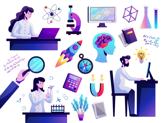 Science symbols abstract colorful icons set with young researcher behind computer atom model microscope isolated vector illustration