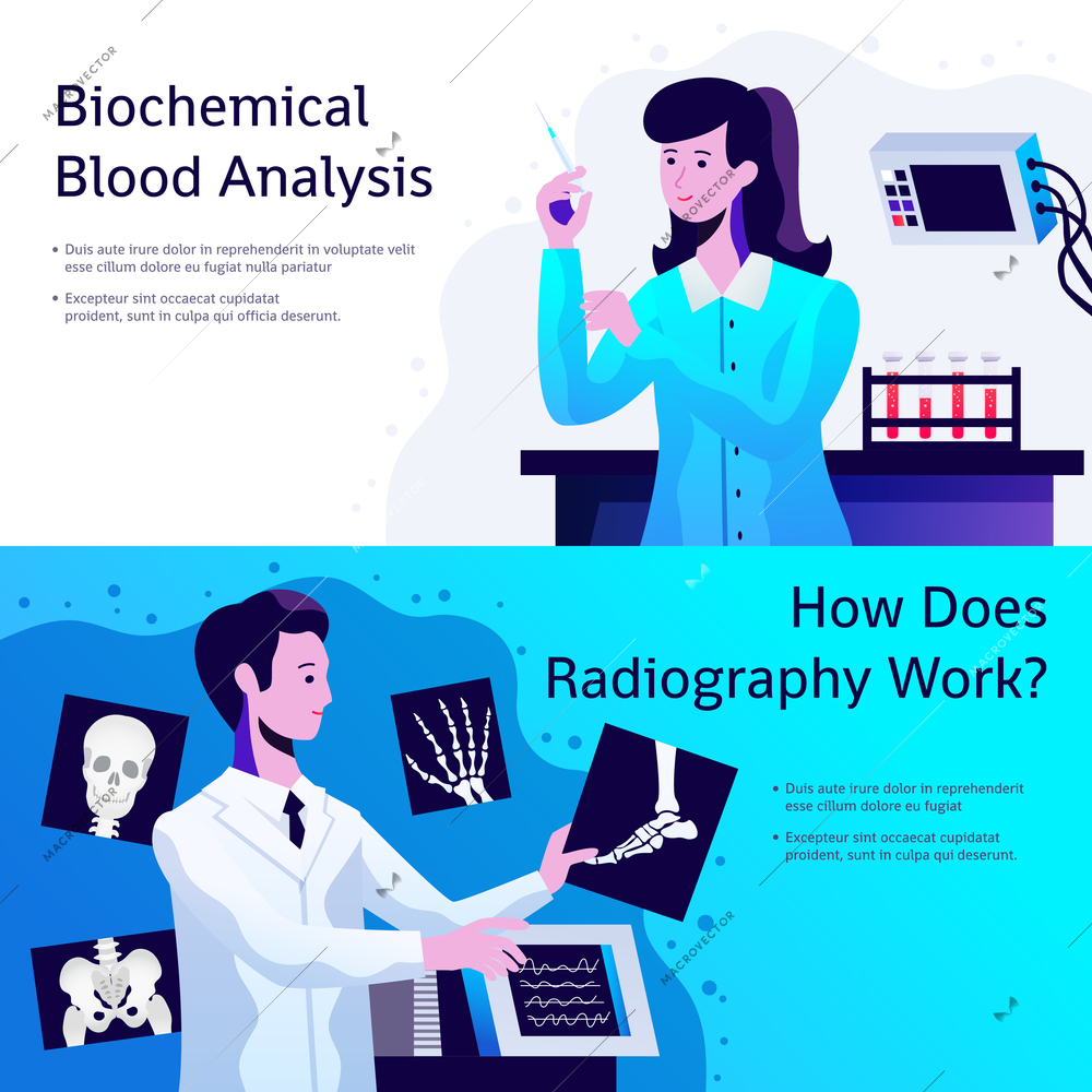 Medical care 2 horizontal banners with biochemical blood test and radiographer with x-ray pictures vector illustration