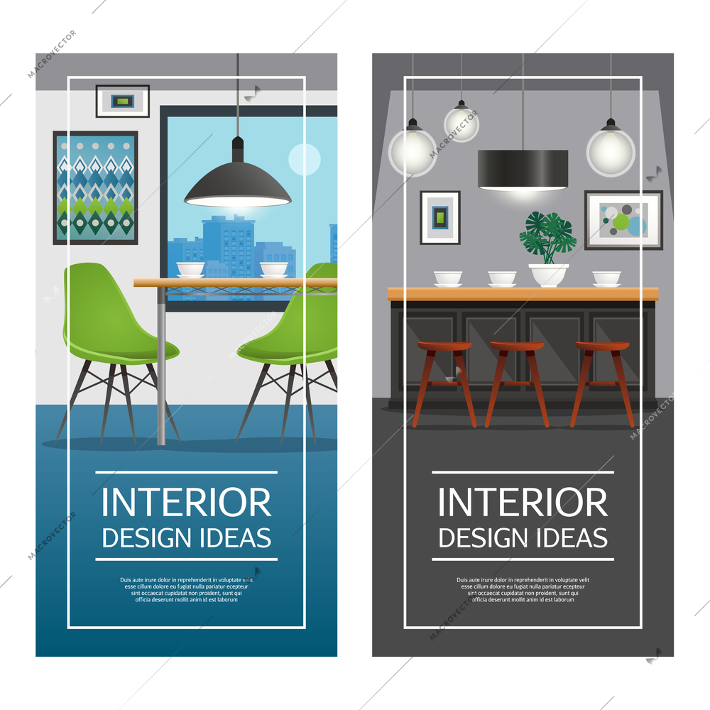 Modern kitchen furniture 2 vertical banners set with day and night interior design view isolated vector illustration