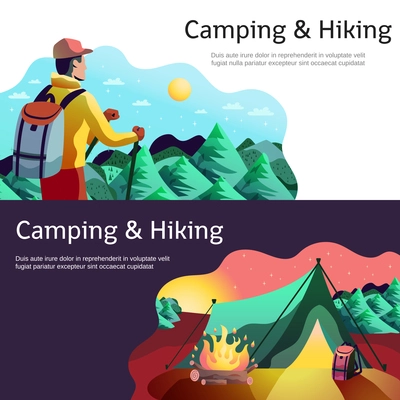 Hiking camping horizontal abstract colorful banners set with tourist in forest tent open fire isolated vector illustration