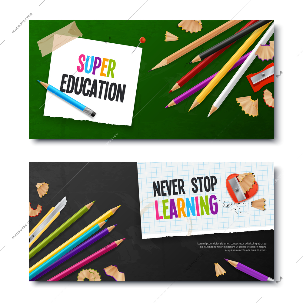 Two education realistic banners with colored pencils and notebook sheet with never stop learning text vector illustration