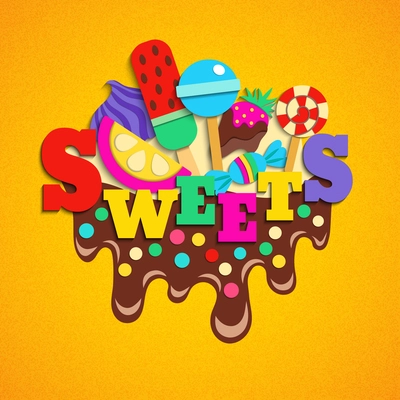 Trendy desserts sweets candies lollies fastfood favorites delicious colorful composition on melted chocolate fudge frosting vector illustration