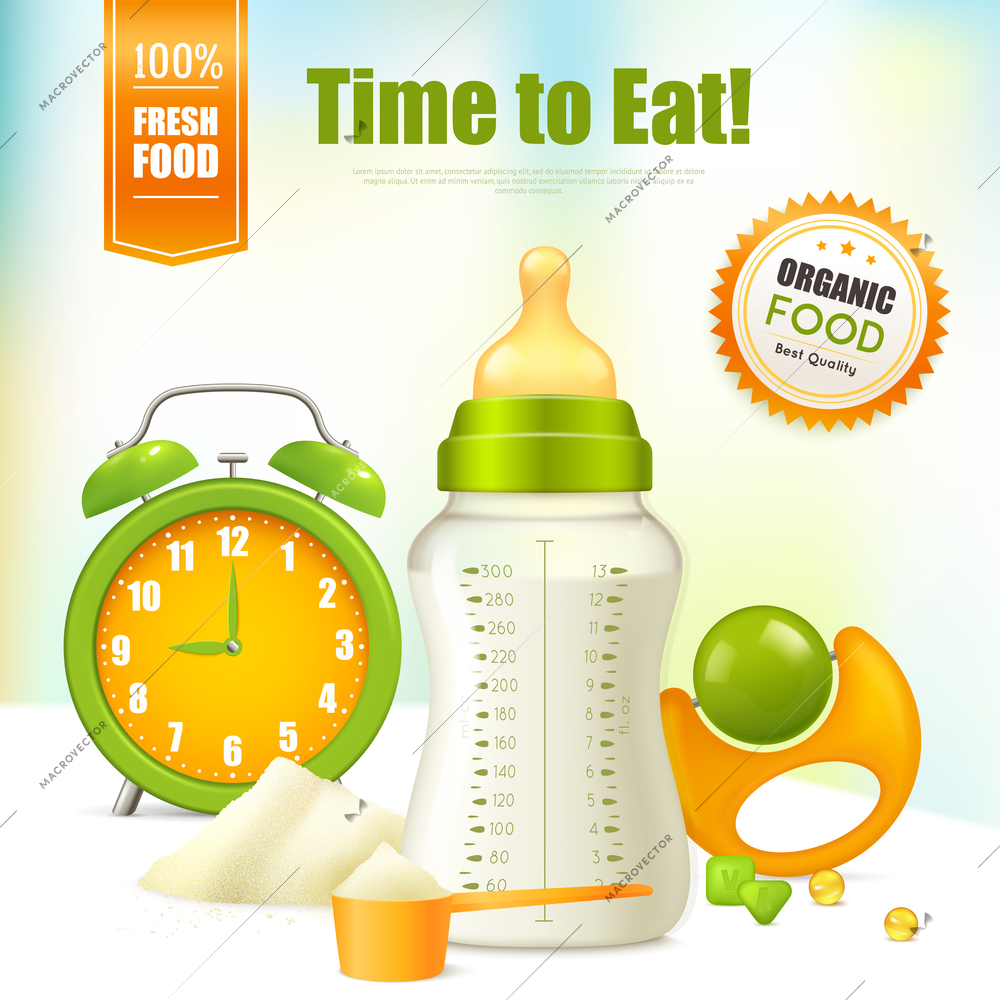 Organic food background with alarm clock rattle baby bottle for milk realistic icons and header time to eat vector illustration