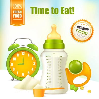 Organic food background with alarm clock rattle baby bottle for milk realistic icons and header time to eat vector illustration