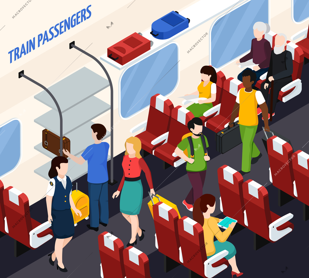 Passengers and woman conductor in train interior with red armchairs, baggage on shelves isometric composition vector illustration