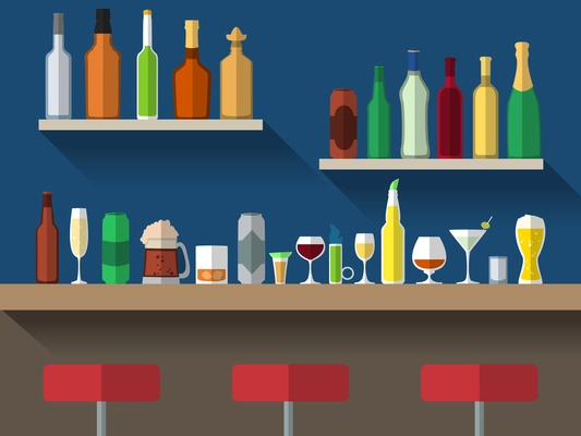 Bar counter with stools and alcohol drink on shelves flat vector illustration