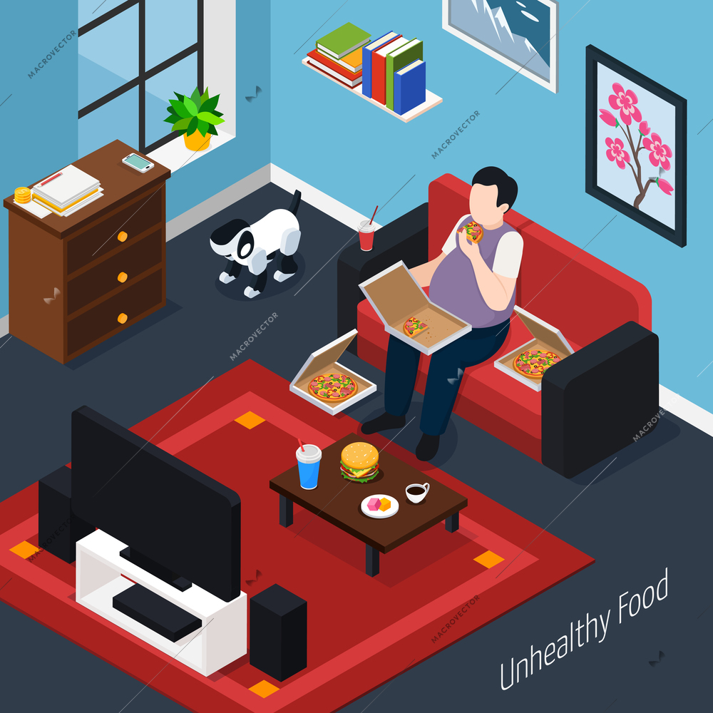 Man with overweight on sofa with pizza in front of tv isometric composition vector illustration