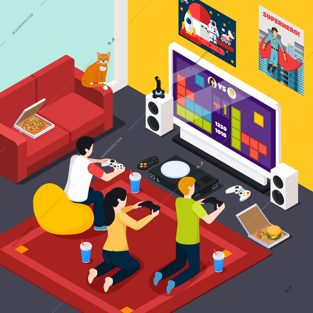 Young persons with joysticks during video gaming near screen in home interior isometric composition vector illustration