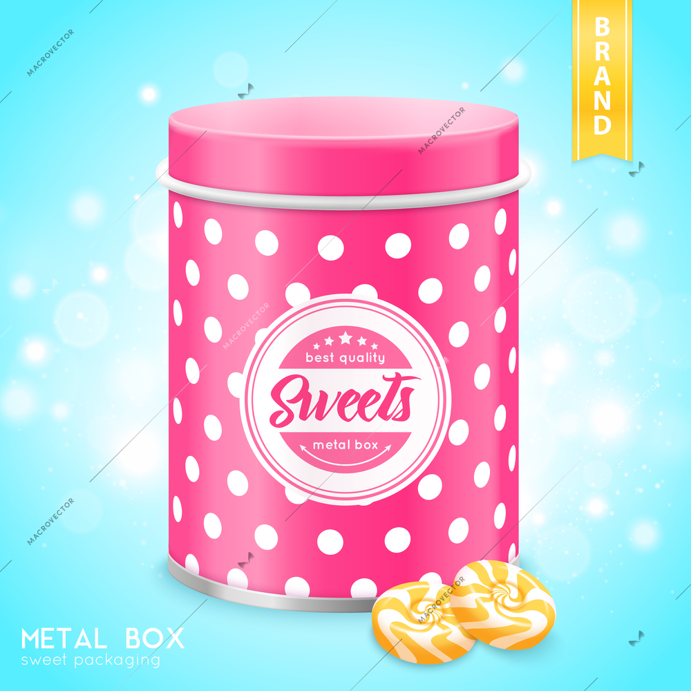 Pink tin metal box sweets cookies container realistic close-up image with shining bubbles background vector illustration