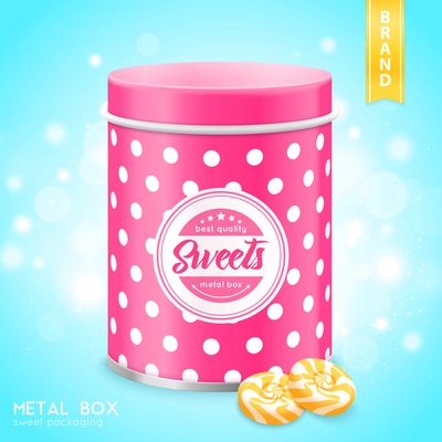 Pink tin metal box sweets cookies container realistic close-up image with shining bubbles background vector illustration