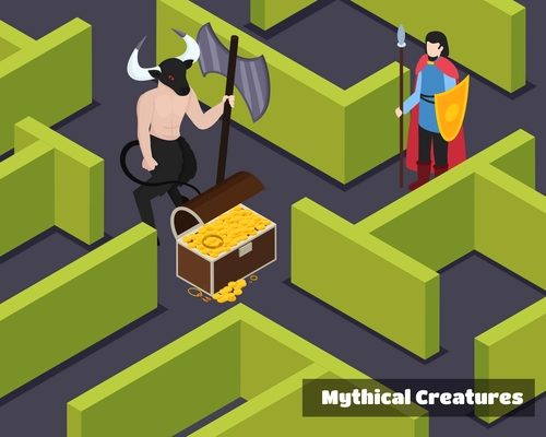Mythical creatures isometric composition with monster protector of treasure and armed warrior at green labyrinth vector illustration