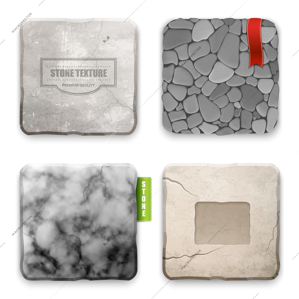 Realistic 4 square stone texture types samples set for interior and exterior walls decoration isolated vector illustration