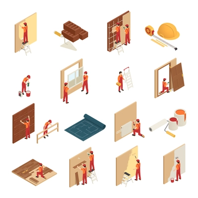 Home renovation isometric icons set with tiling  hanging wallpaper window frames repair and replacement isolated vector illustration