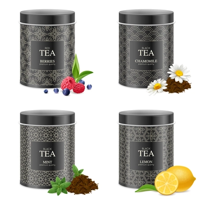 Realistic black tea tin boxes 4 packages collection with chamomile mint lemon raspberry blueberry isolated vector illustration