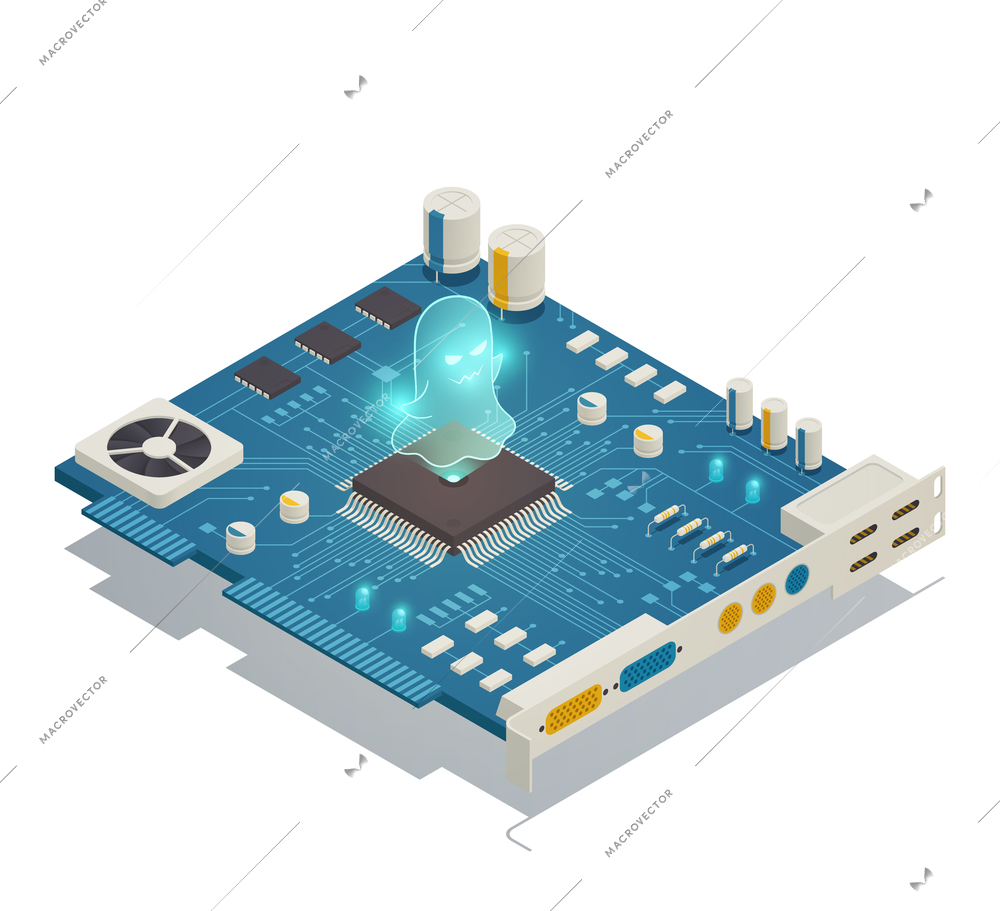 Spectre cpu hardware security vulnerability bug isometric composition with computer motherboard and malicious software symbol vector illustration