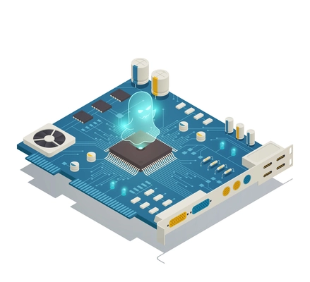 Spectre cpu hardware security vulnerability bug isometric composition with computer motherboard and malicious software symbol vector illustration