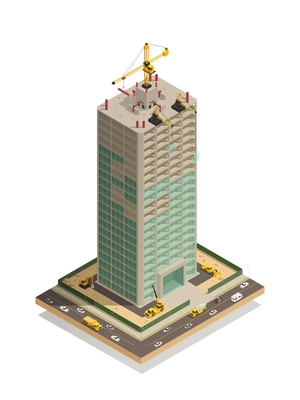 Skyscraper construction site isometric composition  with adjacent busy streets and tower crane competing roofing vector illustration