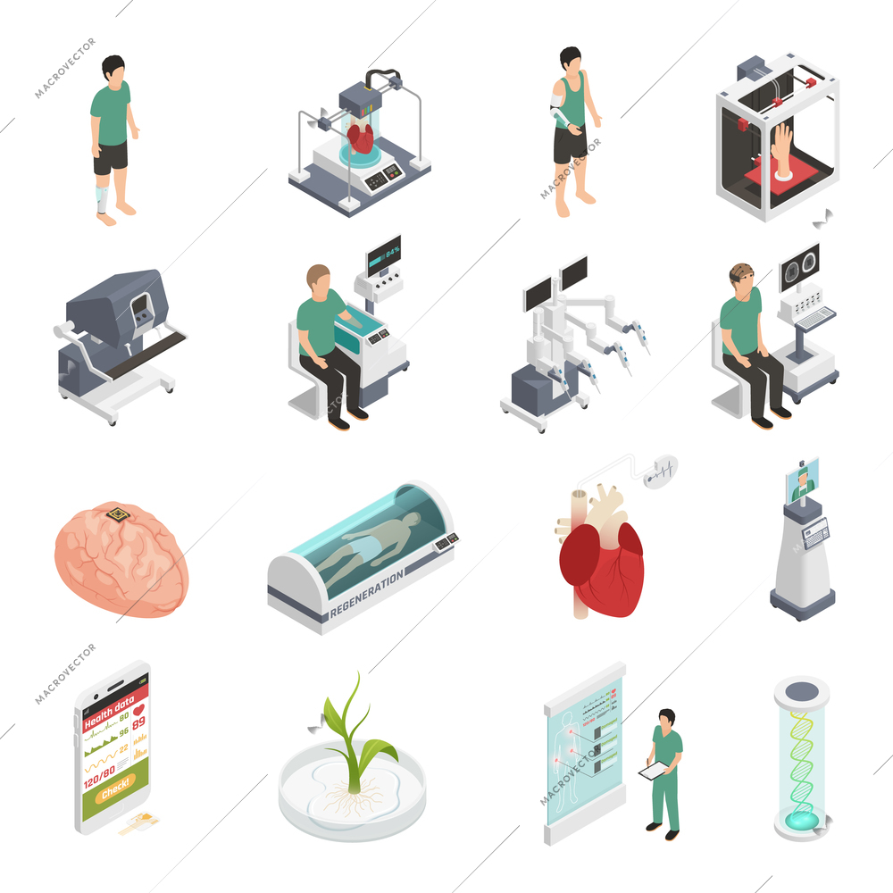 Medical future technologies isometric icons set with 3d organs printing regeneration genetic engineering prosthesis isolated vector illustration