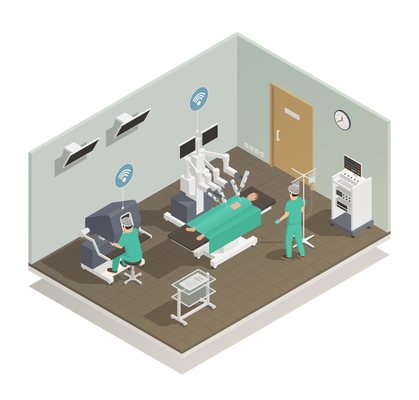 Modern and future medical technologies isometric composition with advanced robotic surgeons assisting operating room vector illustration