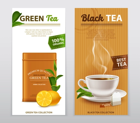 Black and green high quality organic tea advertisement 2 realistic vertical banners with fresh leaves vector illustration