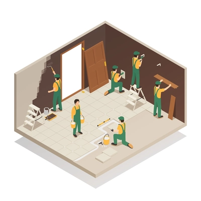 Home renovation remodeling repair isometric composition with workers tiling floor replacing door and painting walls vector illustration