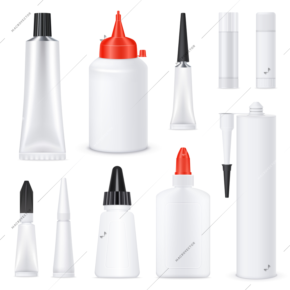 Glue black red white nozzles on white blank bottles tubes sticks realistic templates set isolated vector illustration