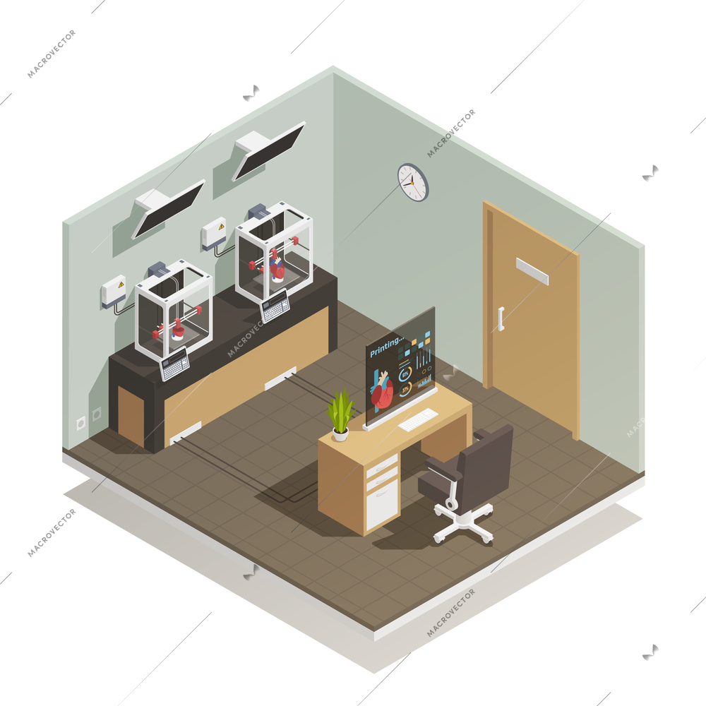 Scientific medical computer controlled facility for human organs tissues preservation research and donations isometric composition vector illustration