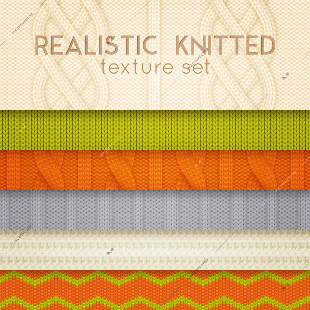 Realistic knitted patterns samples 6 horizontal layers set with scandinavian sweaters cable stitch texture vector illustration