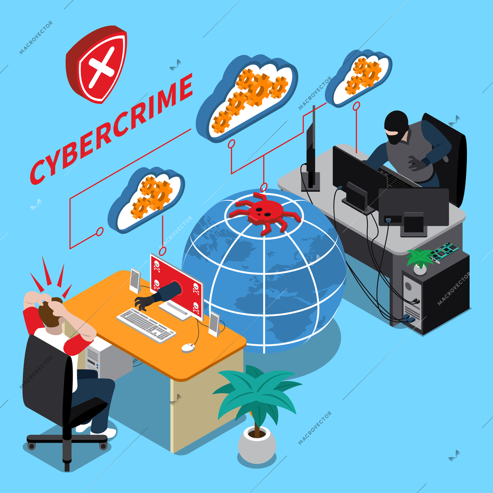 Cyber crime isometric concept with data security symbols on blue background isometric vector illustration