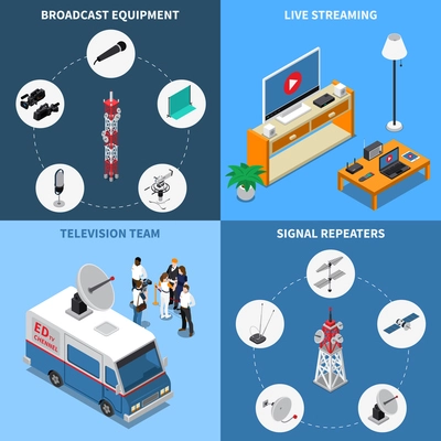 Colorful isometric 2x2 telecommunication icons set with various broadcast equipment television team and electronic devices 3d isolated vector illustration