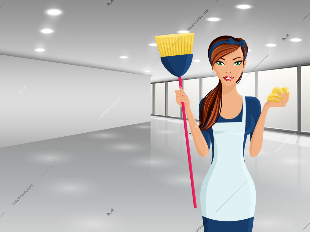 Young woman girl cleaning with brush and sponge portrait on business office background vector illustration