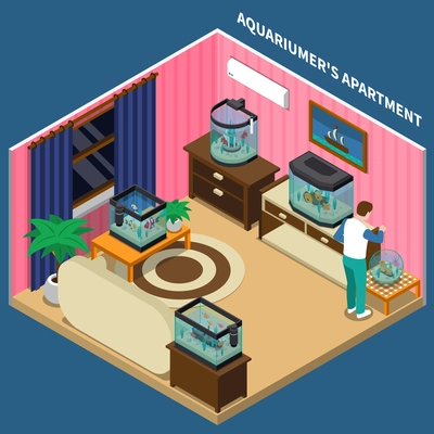 Aquarium composition with aquariumists apartment symbols on blue background isometric vector illustration