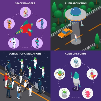 Various alien characters coming in to contact with people 2x2 colorful isometric icons set 3d isolated vector illustration