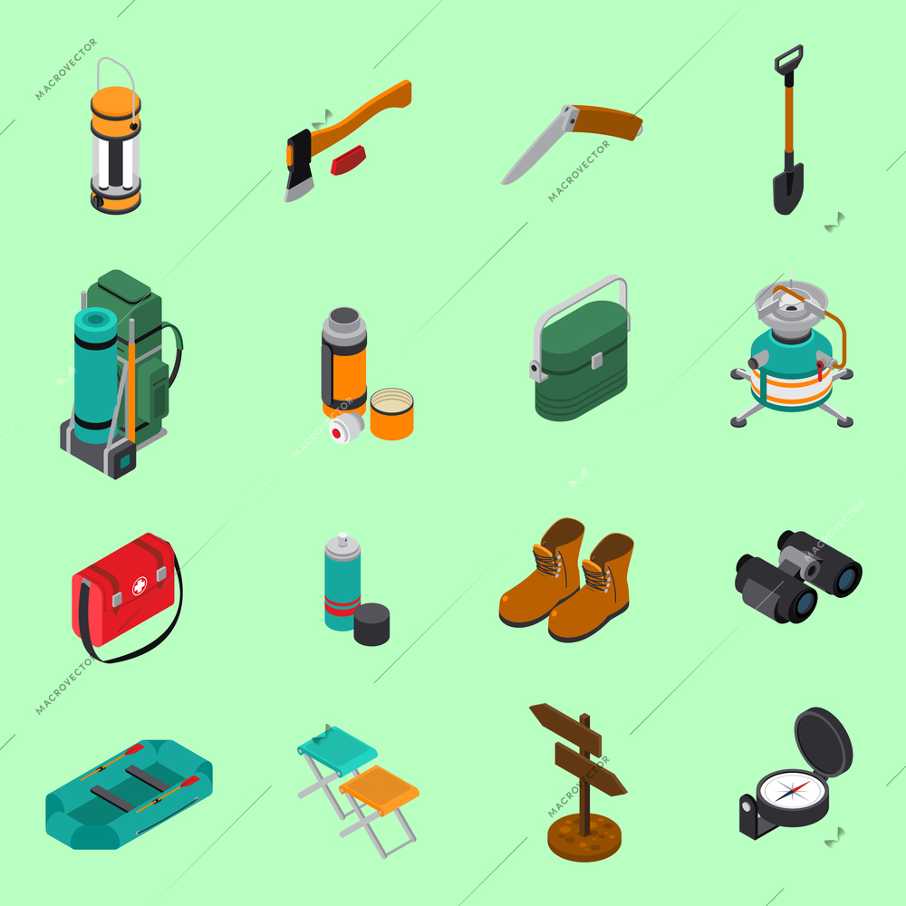 Hiking icons set with hiking equipment symbols on green  background isometric isolated vector illustration