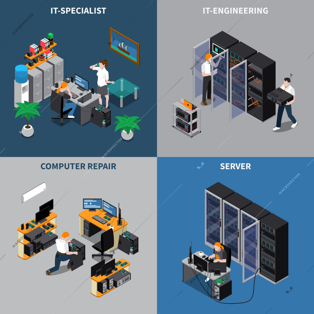Isometric 2x2 icons set with information technology engineers and computer repair specialists 3d isolated vector illustration