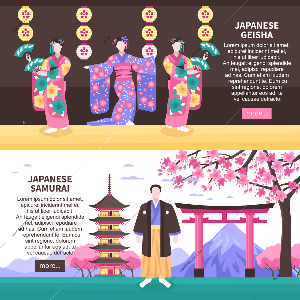 Ancient japan culture traditions rituals 2 horizontal banners website design with geisha and samurai isolated vector illustration