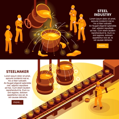 Metallurgy industry 2 isometric banners with steel makers in foundry and cast iron molds conveyor vector illustration