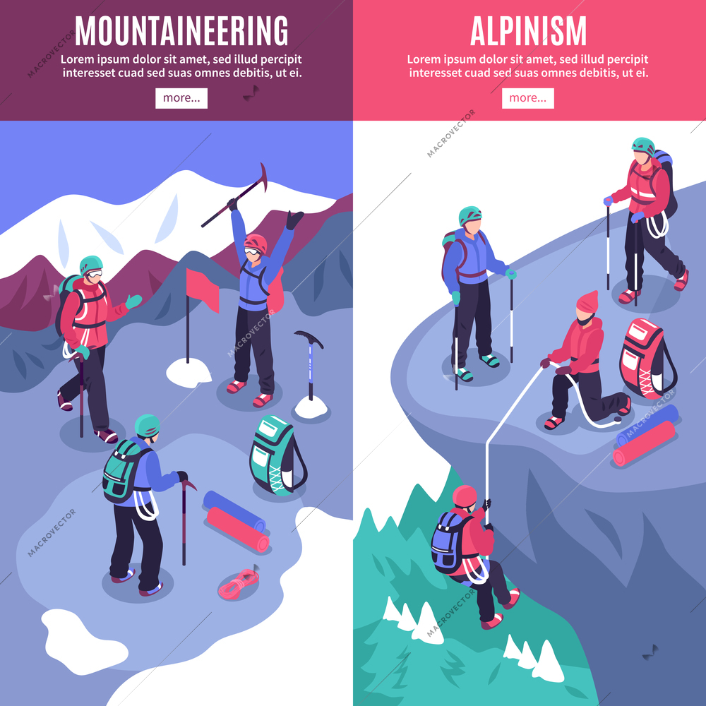 Mountain tourism vertical banners with alpinists climbing on rock and hoisting flag on peak isometric vector illustration