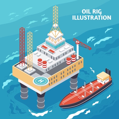 Oil gas industry isometric composition with offshore platform jack-up drilling rig and tanker vessel vector illustration