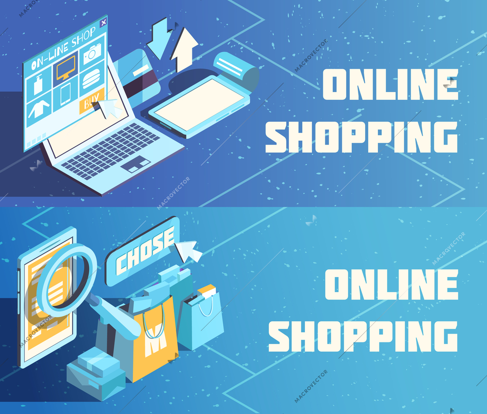 Online shopping horizontal isometric banners on blue background with product choice, electronic payment isolated vector illustration