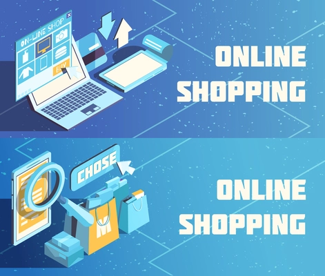 Online shopping horizontal isometric banners on blue background with product choice, electronic payment isolated vector illustration