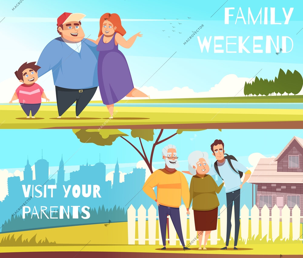 Families set of horizontal banners with weekend on nature and visit to parents, isolated vector illustration