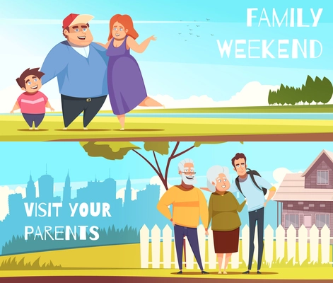 Families set of horizontal banners with weekend on nature and visit to parents, isolated vector illustration