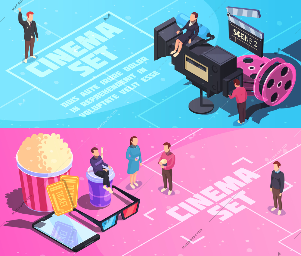 Cinema horizontal isometric banners on blue pink background with movie set, staff, tickets, snacks isolated vector illustration