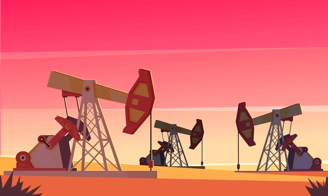 Oil production composition with evening dessert scenery and images of sucker-rod pumping units extracting oil vector illustration